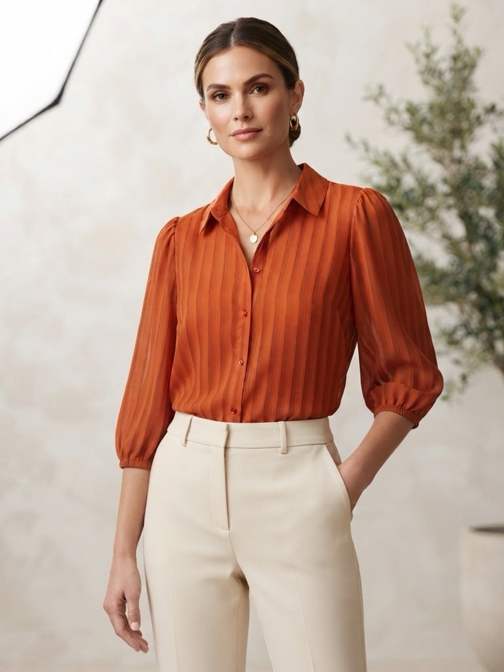 Nanette Lepore Picante Orange Shadow Stripe Blouse M Autumn 70s Boho Earth Tone
